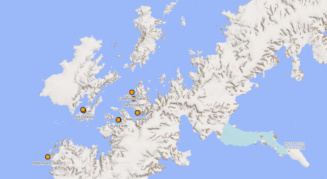 The Cairnbase map of the Antarctic Peninsula on the SCAR and British Antarctic Survey basemap with shaded survey terrain, showing catalogued landing sites: Cuverville Island, Danco Island, Neko Harbour, Port Lockroy and Petermann Island along the Gerlache Strait.